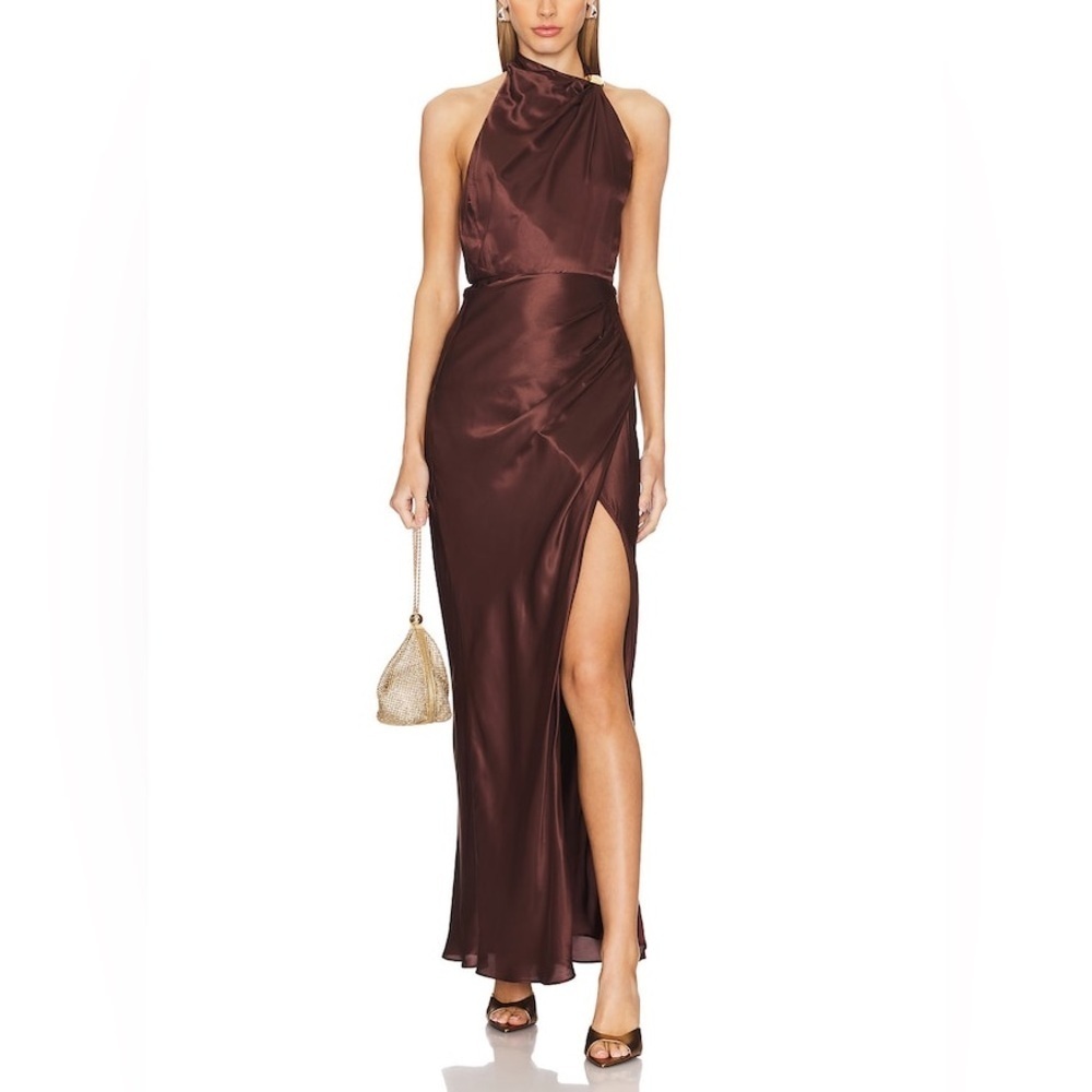 NICHOLAS Galilea High Neck Gold Trim Maxi Dress Espresso